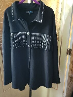 Alice Blue Black Studded Fringe Button-Front Jacket